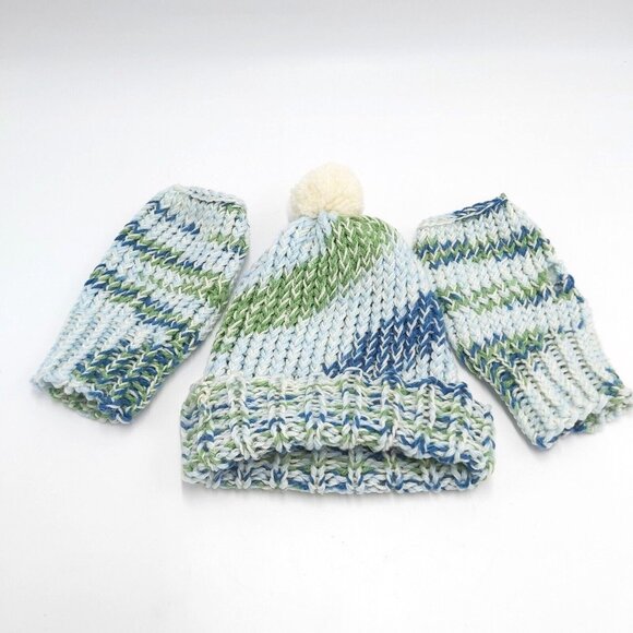 Fingerless Gloves Beanie Hat Toque Pompom Small Blue Green Handmade Loom Knit - Picture 2 of 16